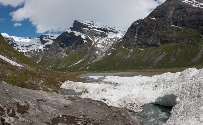 Melting snow of an winter avalanche in Jostedalsbreen national park